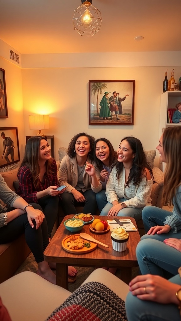 Friends enjoying a lively Q&A session in a cozy living room.